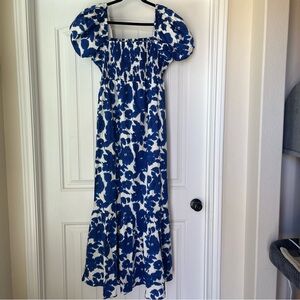 Tuckernuck Women’s Floral Puff Sleeve Maxi Dress XXL Blue Boho Smocked Coastal